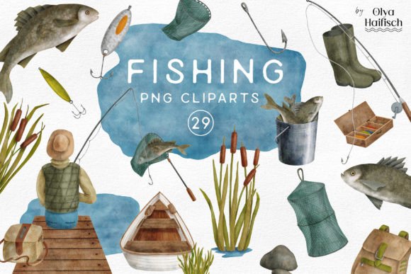 Download Watercolor Fishing Tackle Clipart Set - Set Collection